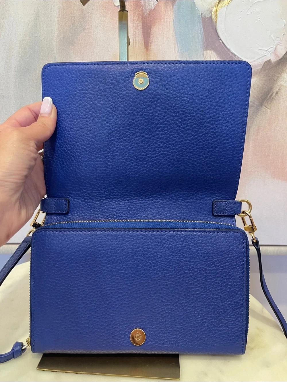 Tory Burch Pebbled Leather Crossbody in Royal Blue with Gold Hardware